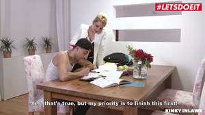 Tattooed MILF  gets her pussy pounded on the table - letsdoeit