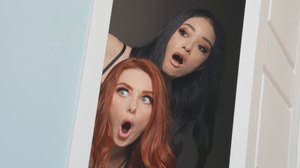 Curvy redhead and brunette babe share big white cock