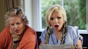 Busty nurse Barbie Sins smokes big meat pole in kitchen