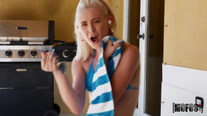 Adorable blonde in a bikini gets her wet slit screwed