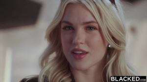 Pale blonde with long legs takes black dick