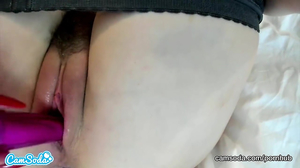 Busty blonde with a bush fucking herself with a toy