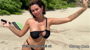 HUGE-TITTED MUMMY loses a bet and has to PAY up right on the BEACH.